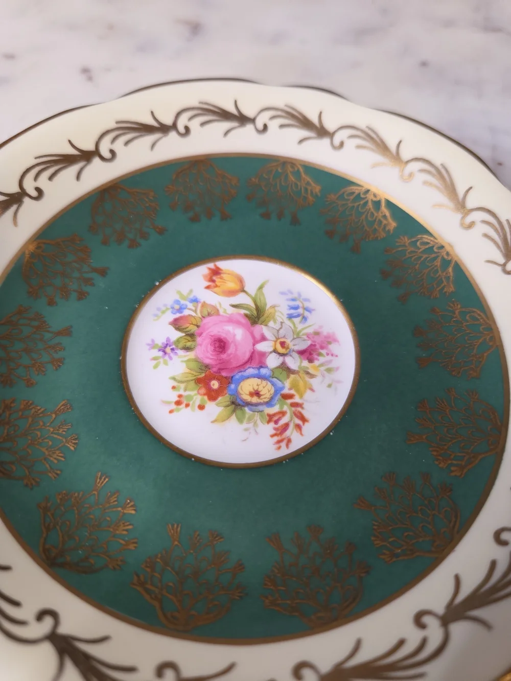 FOLEY Green and Gold Floral Porcelain Teacup and Saucer Set 1940's MINT